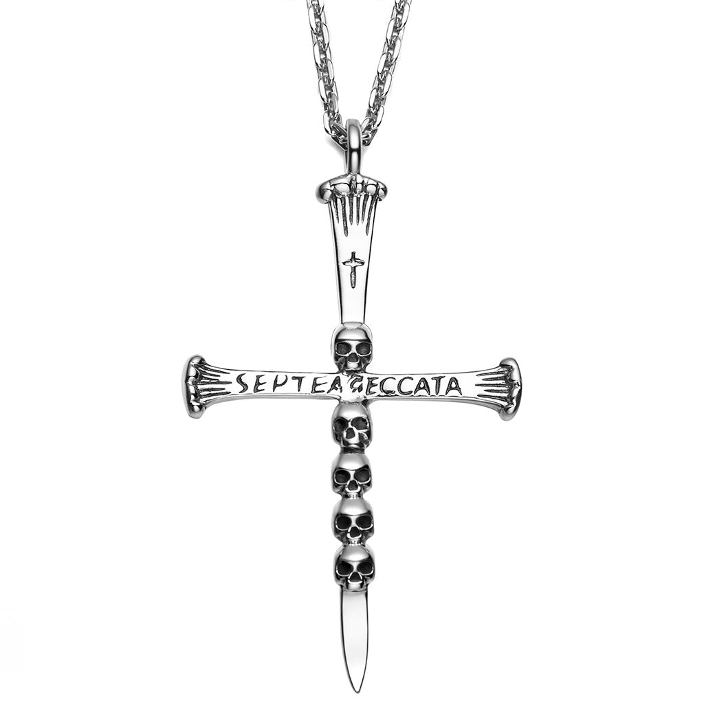 Silver Skulls Cross Sword Pendant Necklace