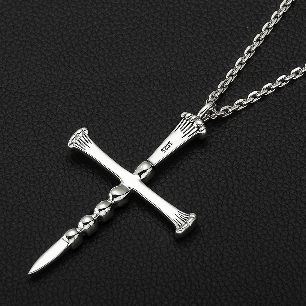 Silver Skulls Cross Sword Pendant Necklace