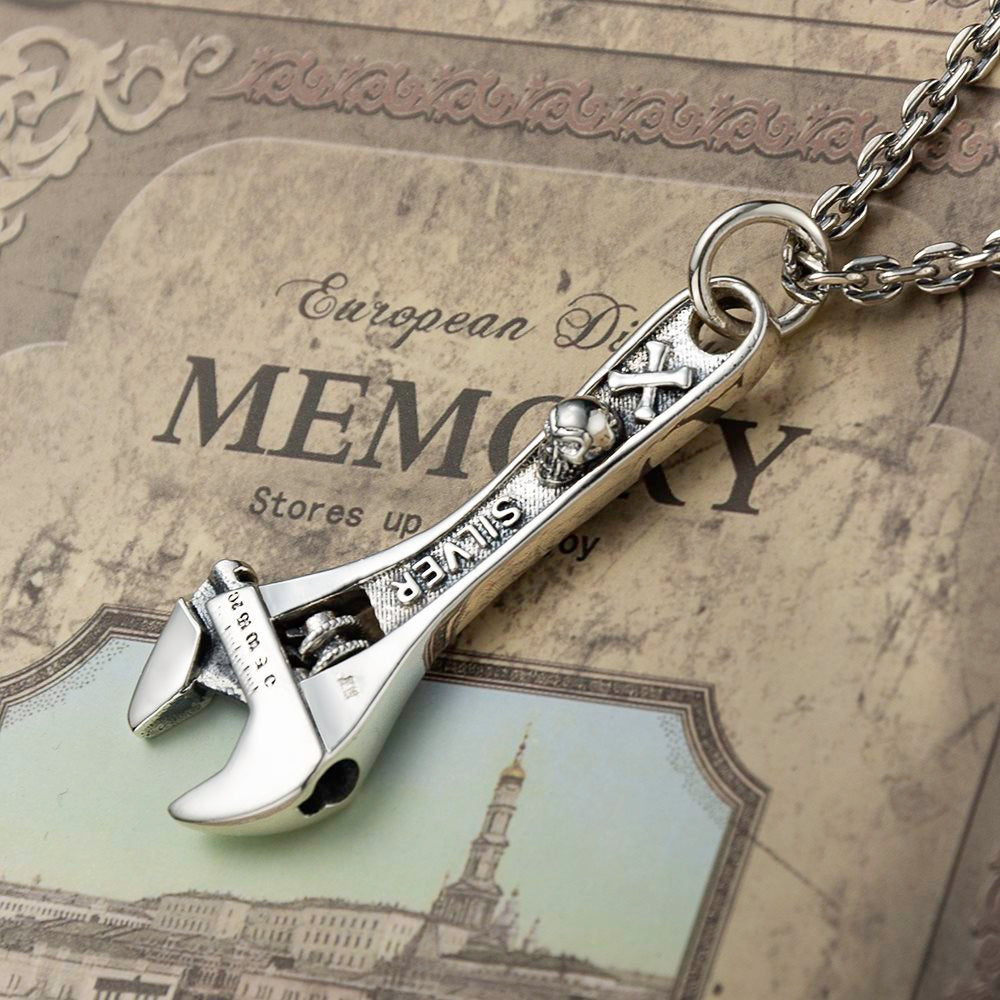 Silver Wrench Skull Pendant Necklace