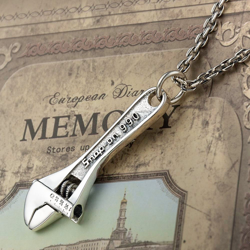 Silver Wrench Skull Pendant Necklace