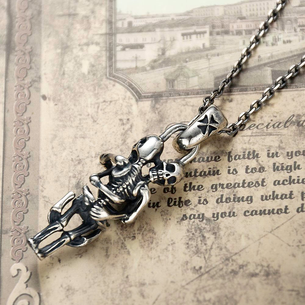 Silver Skeleton Couple Hug Pendant Necklace