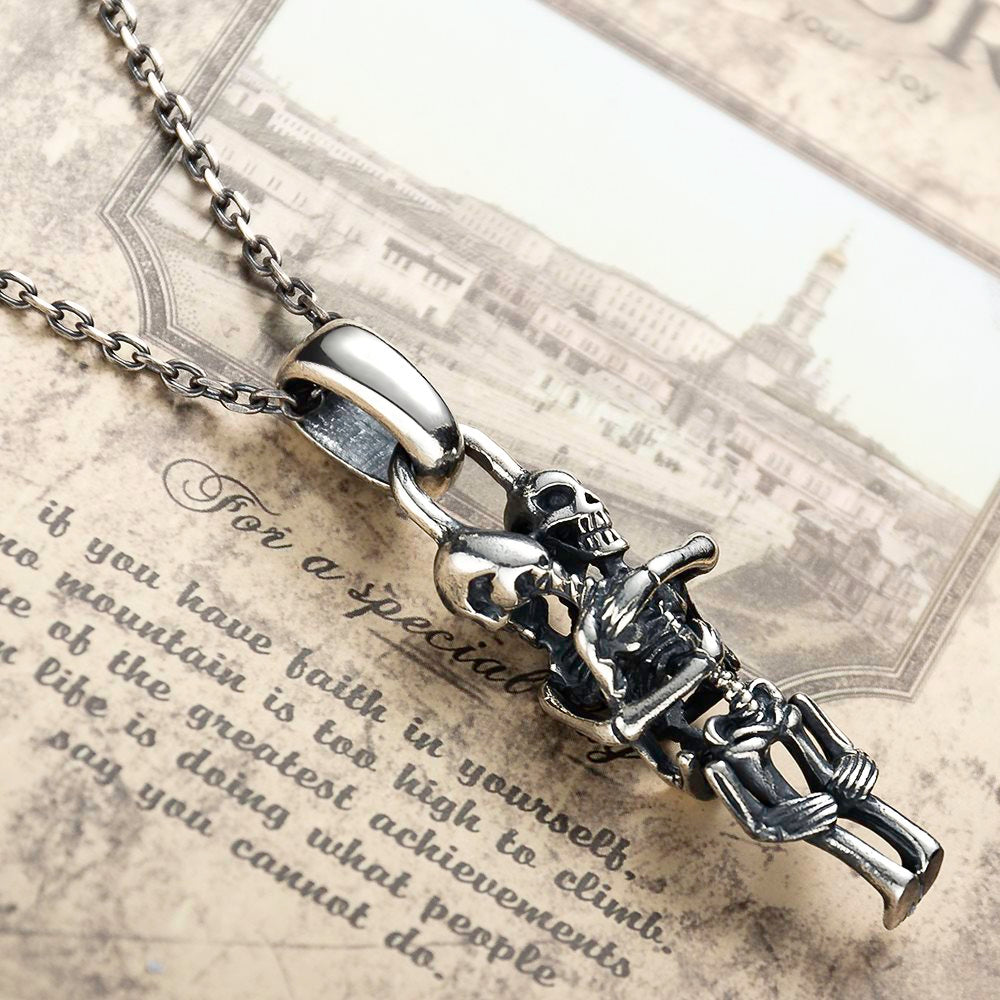 Silver Skeleton Couple Hug Pendant Necklace