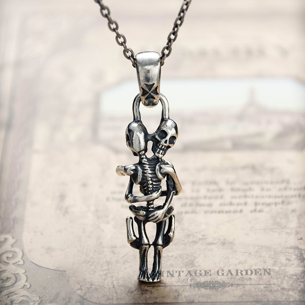 Silver Skeleton Couple Hug Pendant Necklace