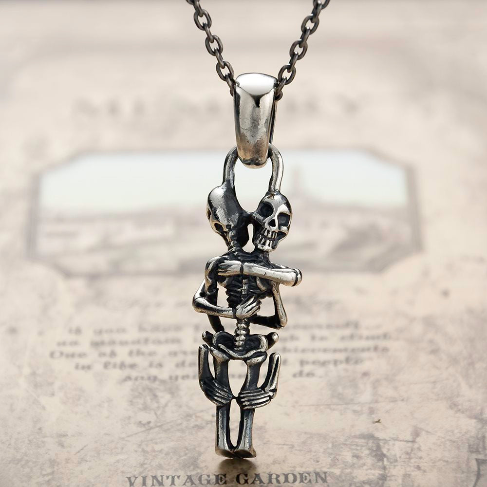 Silver Skeleton Couple Hug Pendant Necklace