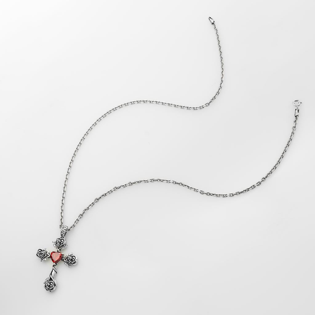 Sterling Silver Corss Rose Ruby Necklace