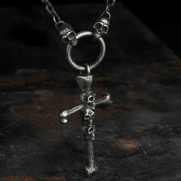 Silver Gothic Cross Bone Skull Necklace