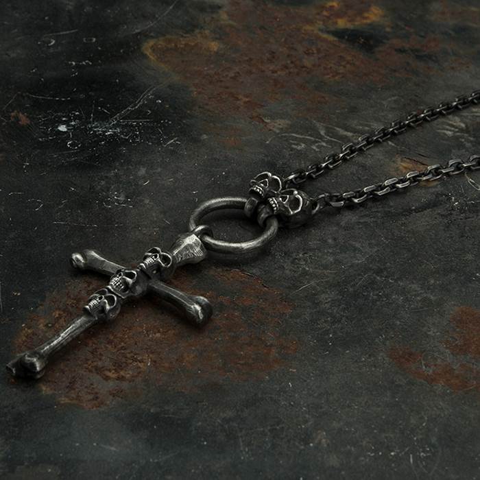 Silver Gothic Cross Bone Skull Necklace
