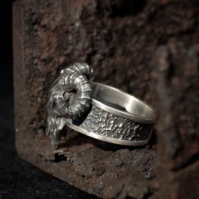 Silver Satan Ram Skull Ring