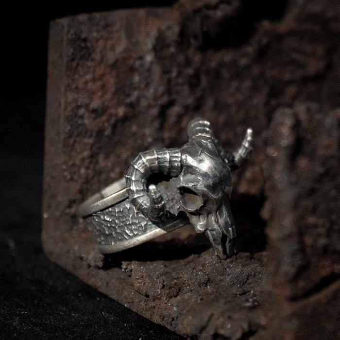 Silver Satan Ram Skull Ring