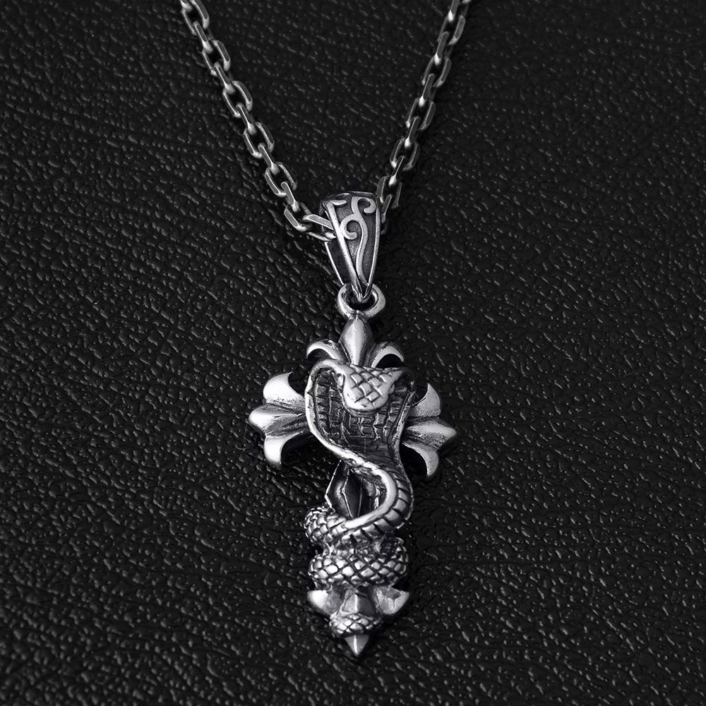 Silver Cobra Cross Pendant Necklace