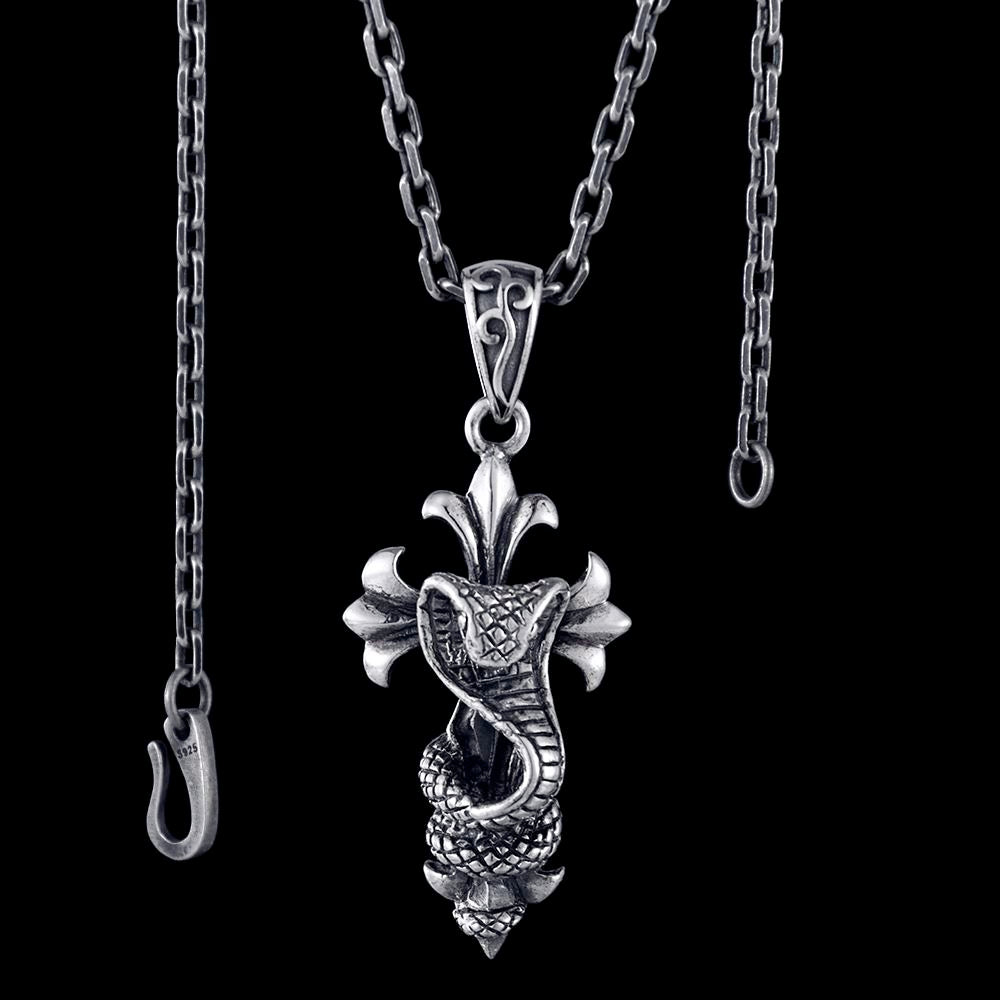 Silver Cobra Cross Pendant Necklace