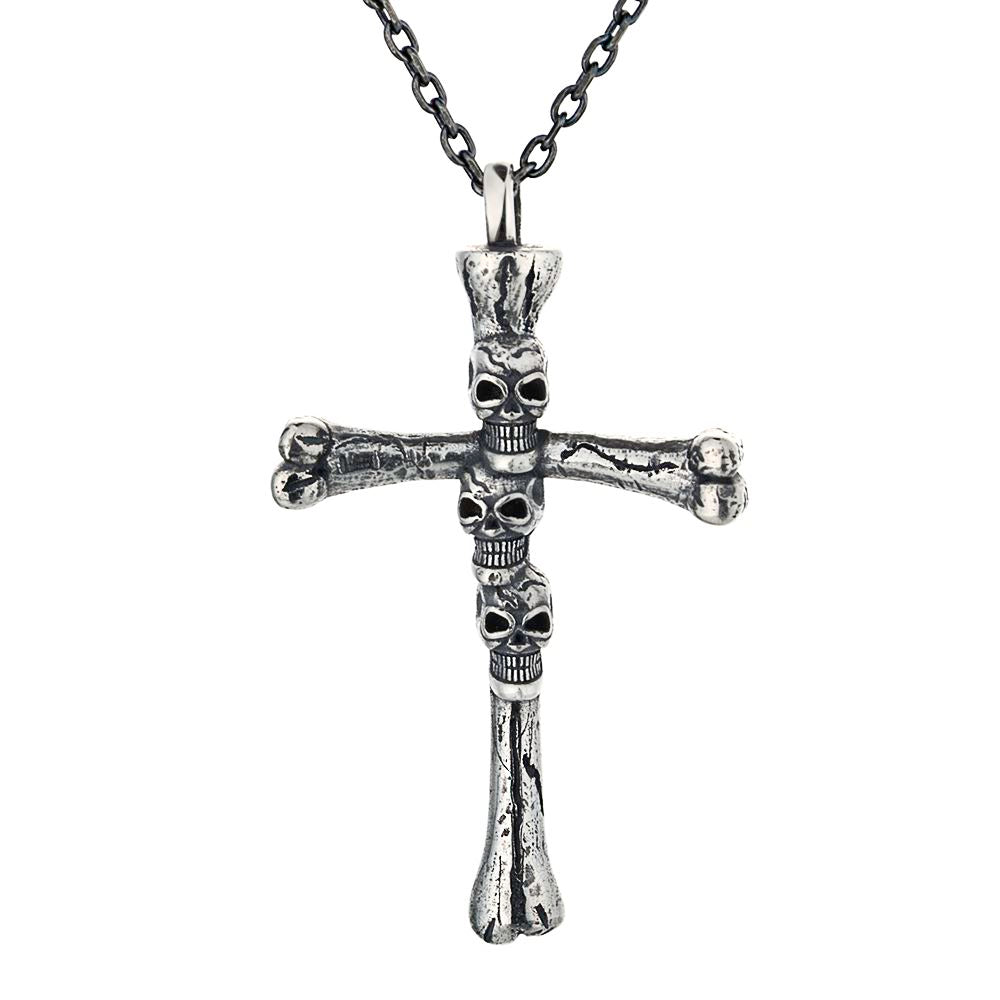 Silver Cross Bone Skull Necklace