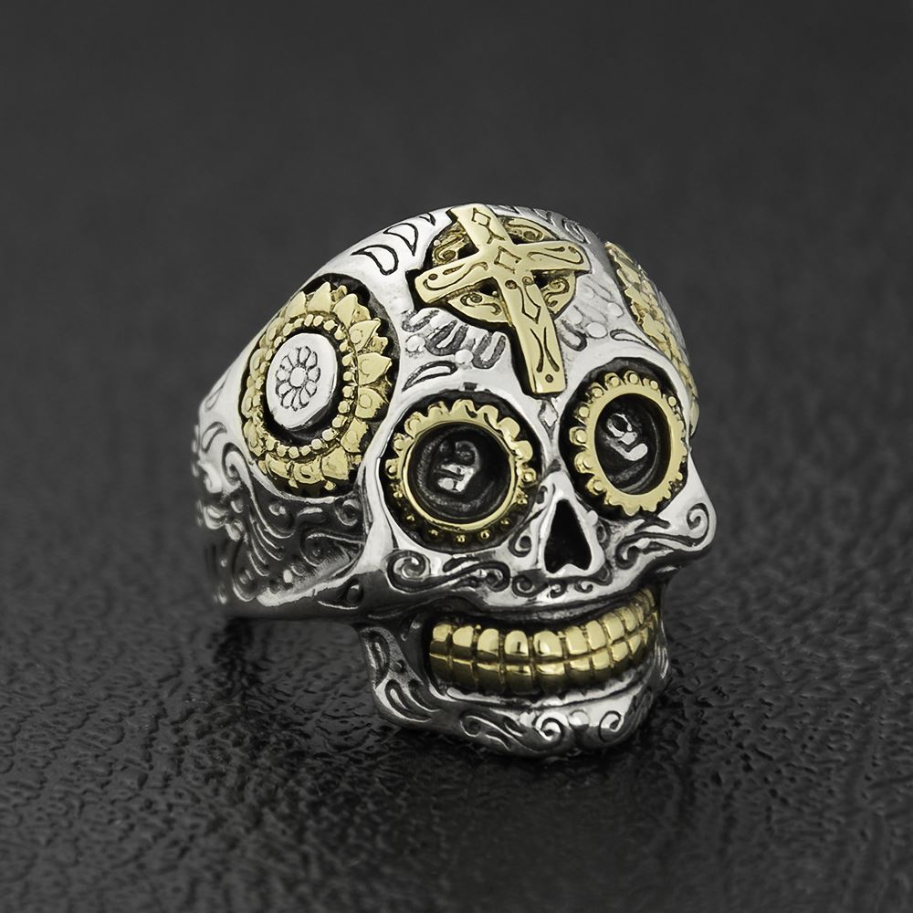 Sterling Silver Mexican Sugar Skull Ring With Cross