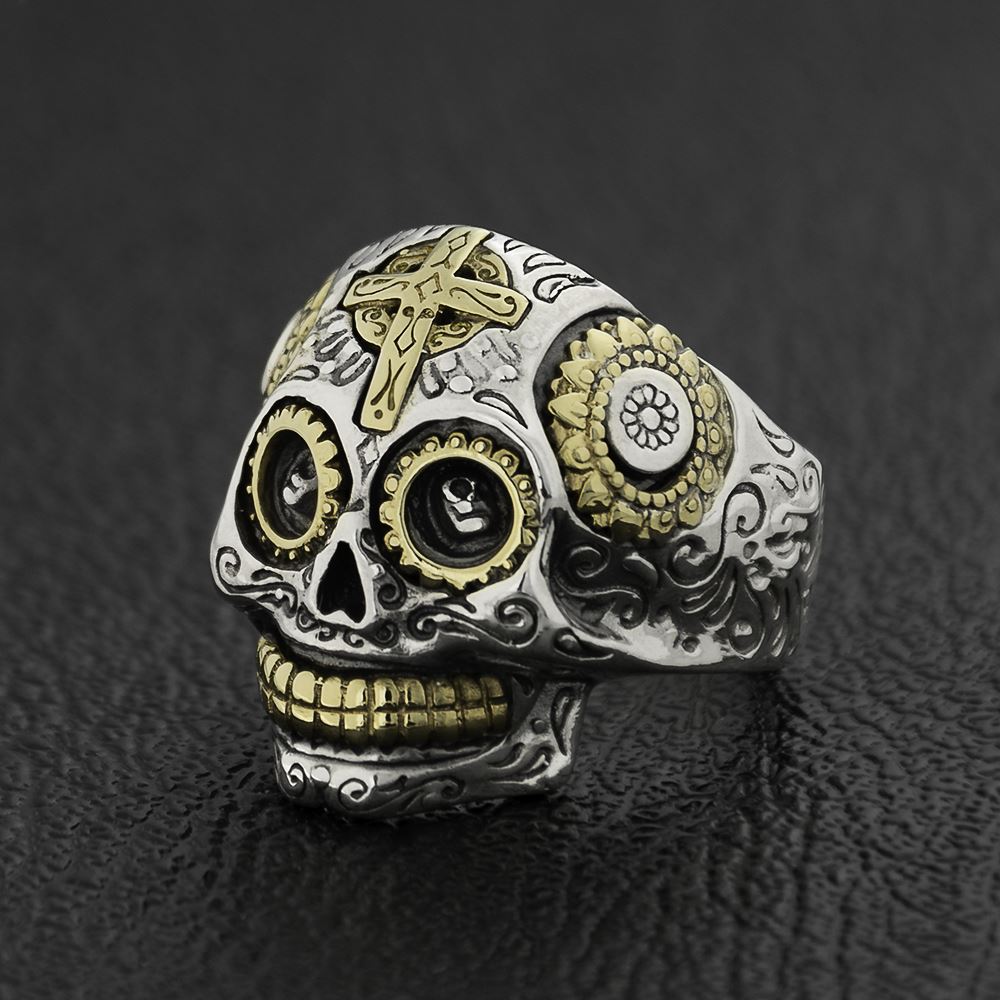 Sterling Silver Mexican Sugar Skull Ring With Cross