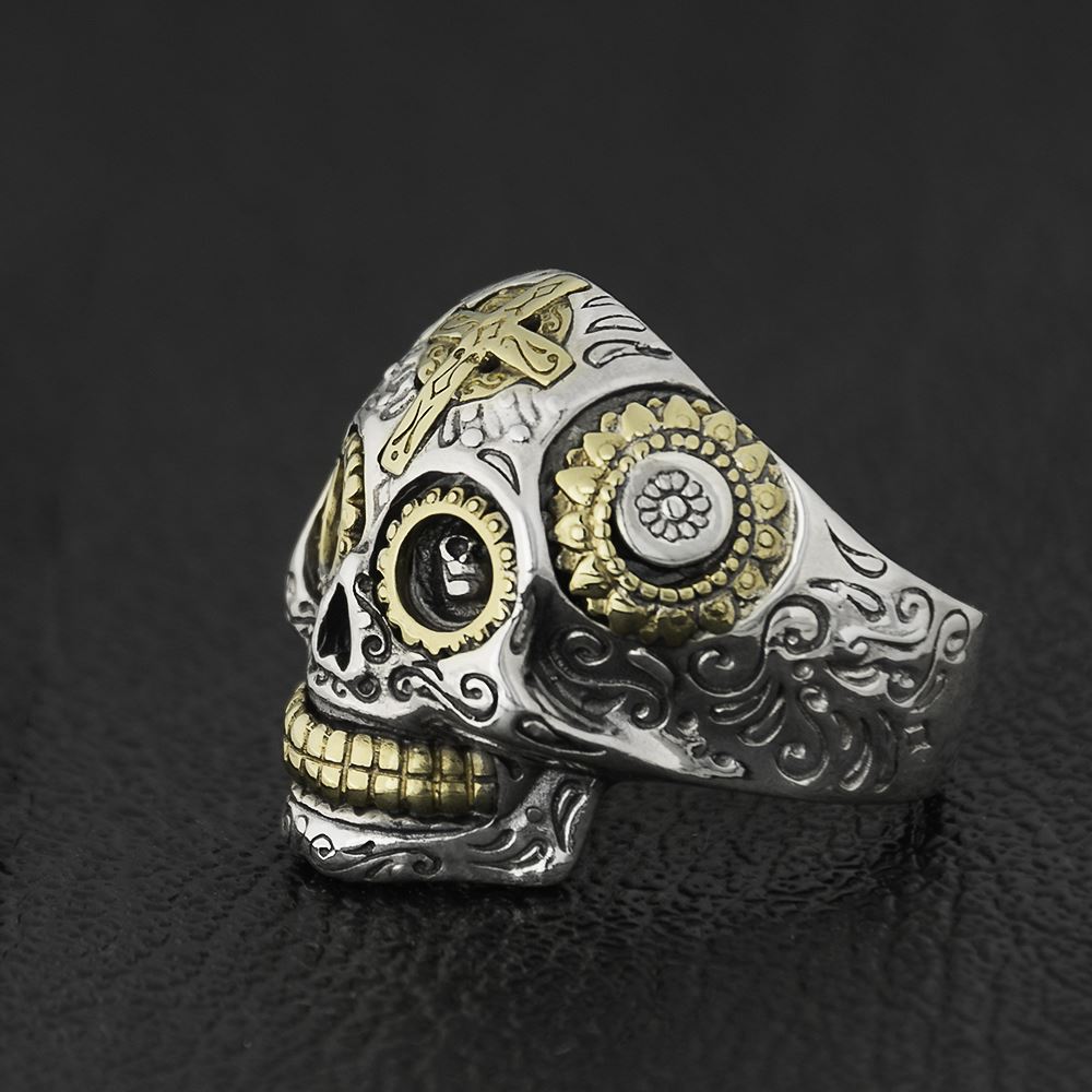 Sterling Silver Mexican Sugar Skull Ring With Cross
