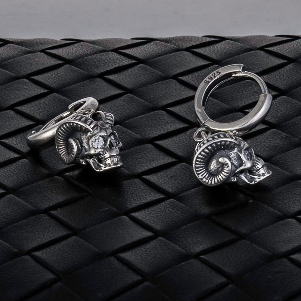 Mens Sterling Silver Satan Skull Earrings