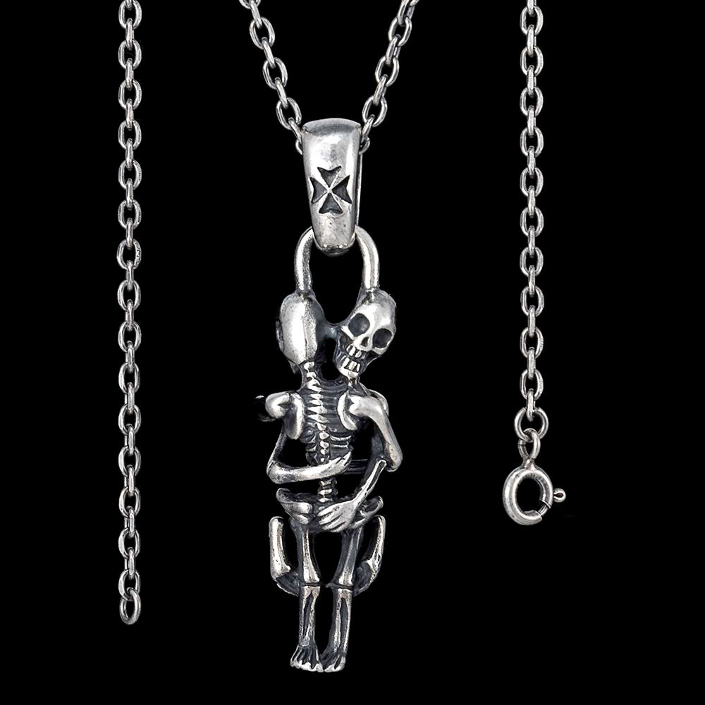 Silver Skeleton Couple Hug Pendant Necklace