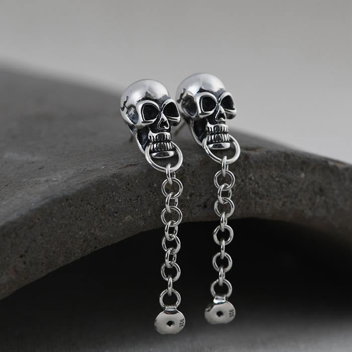 Sterling Silver Skull Earrings With Chain