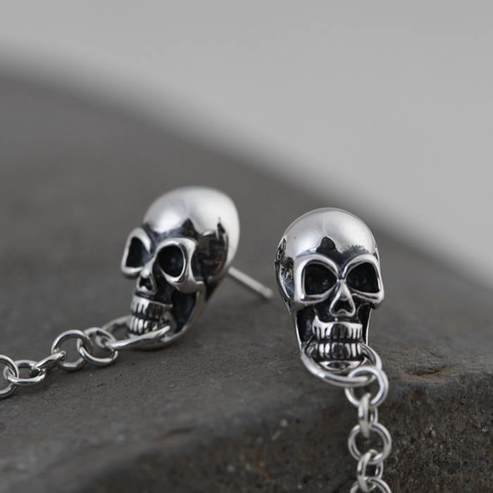 Sterling Silver Skull Earrings With Chain