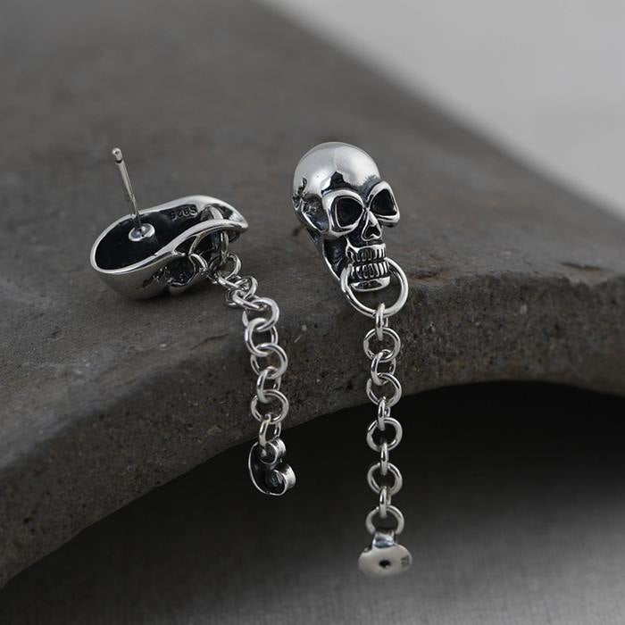 Sterling Silver Skull Earrings With Chain