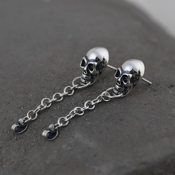 Sterling Silver Skull Earrings With Chain