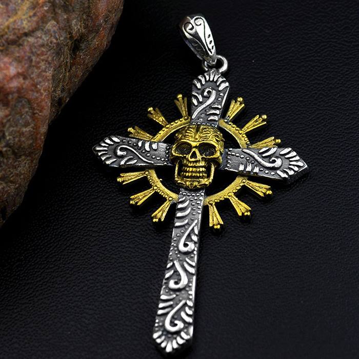 Sun Squash Blossom Cross Skull Pendant Necklace