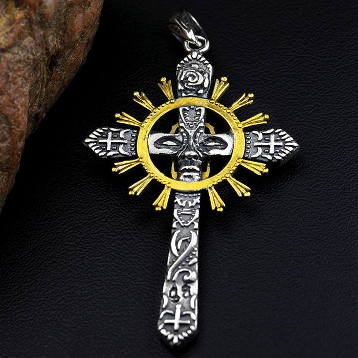 Sun Squash Blossom Cross Skull Pendant Necklace