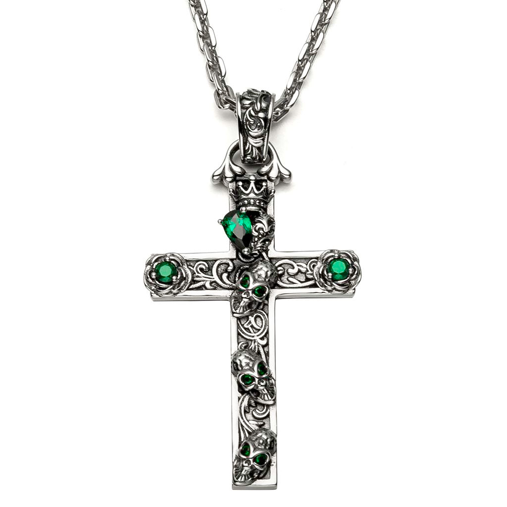 Lab Created Emerald Skull Cross Pendant Necklace