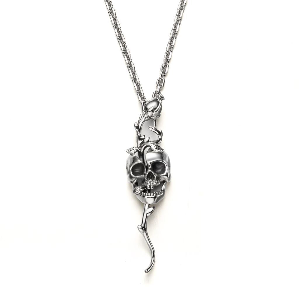 Sterling Silver Rose Branch Skull Pendant Necklace