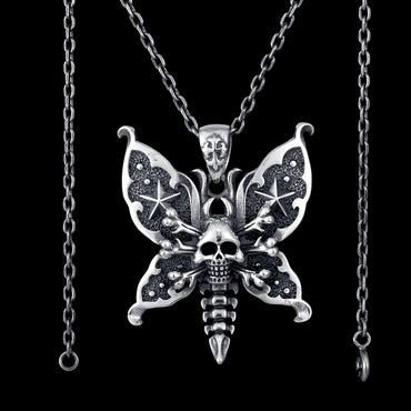 Sterling Silver Butterfly Skull Necklace 22"