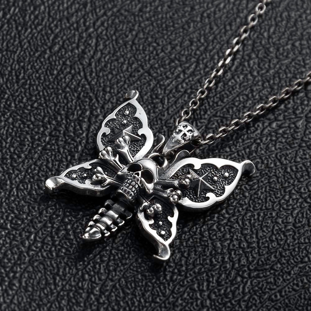 Sterling Silver Butterfly Skull Necklace 22"