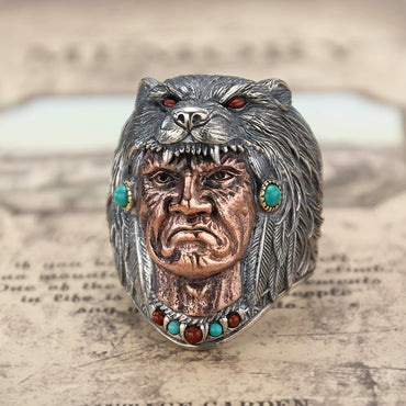 Silver Indian Chief Wolf Head Ring