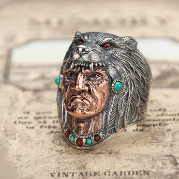 Silver Indian Chief Wolf Head Ring