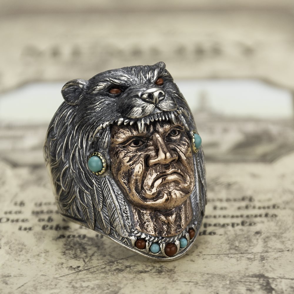Silver Indian Chief Wolf Head Ring
