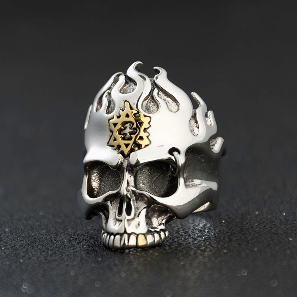 Silver Star Of David Flames Skull Ring