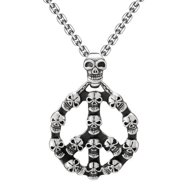 Silver Skull Peace Sign Pendant Necklace