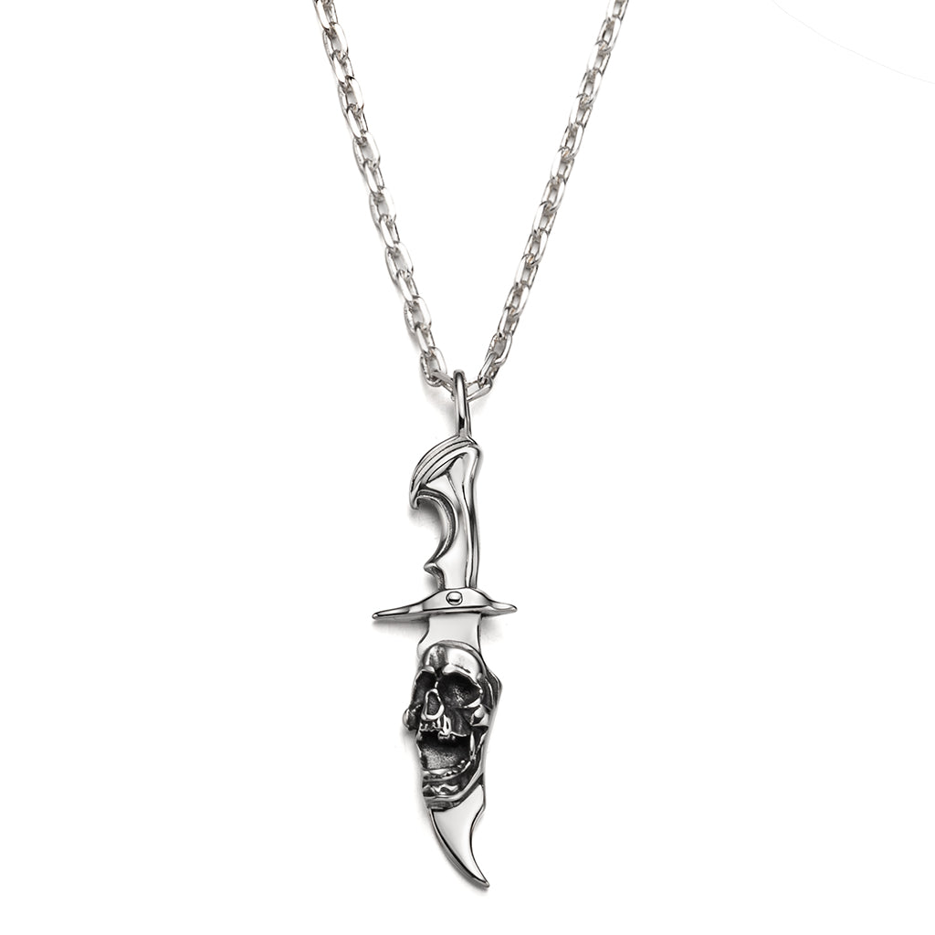 Sterling Silver Skull Relief Dagger Pendant Necklace