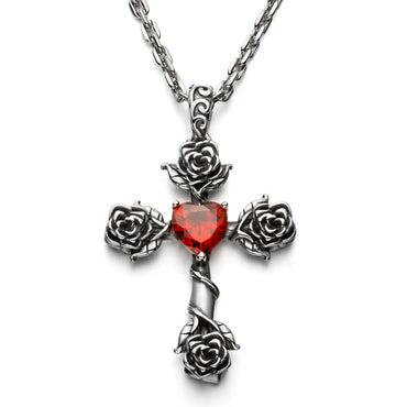 Sterling Silver Corss Rose Ruby Necklace