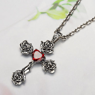 Sterling Silver Corss Rose Ruby Necklace