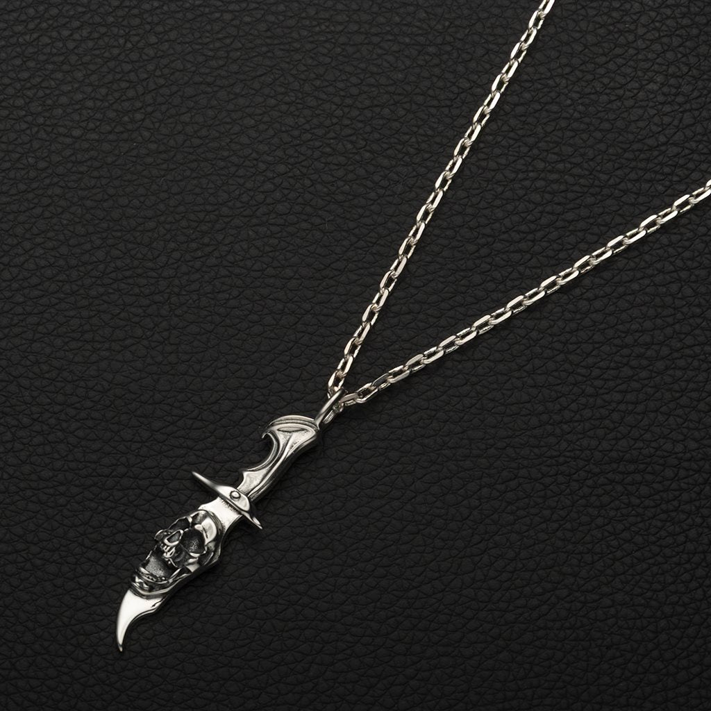 Sterling Silver SkullRelief Dagger Pendant Necklace