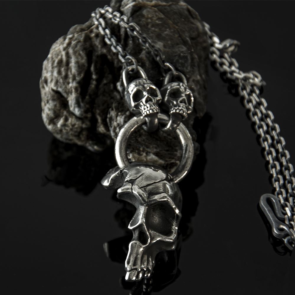 999 Fine Silver Gothic Black Skull Necklace