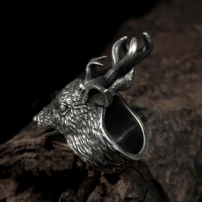 Silver Heavy Deer Head Ring