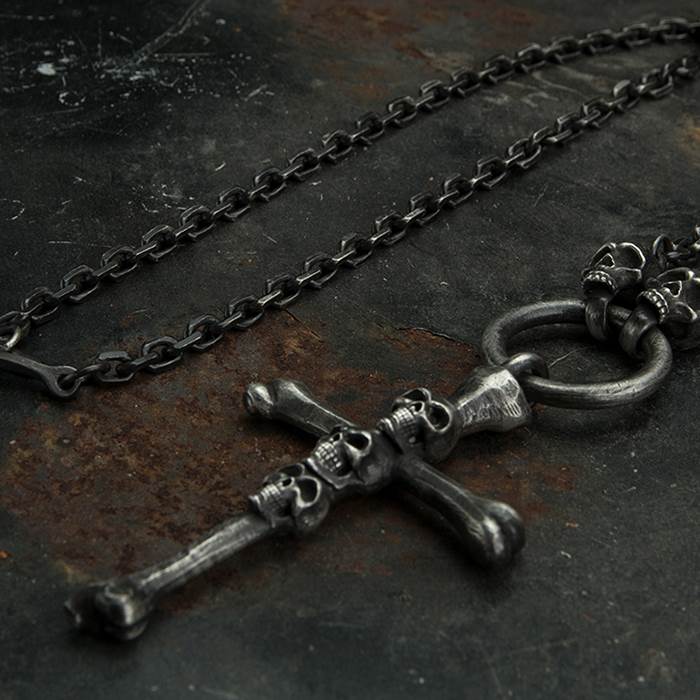 Silver Gothic Cross Bone Skull Necklace