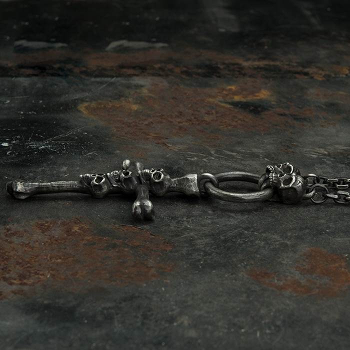 Silver Gothic Cross Bone Skull Necklace