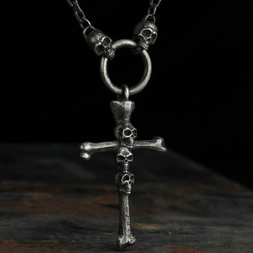 Silver Gothic Cross Bone Skull Necklace
