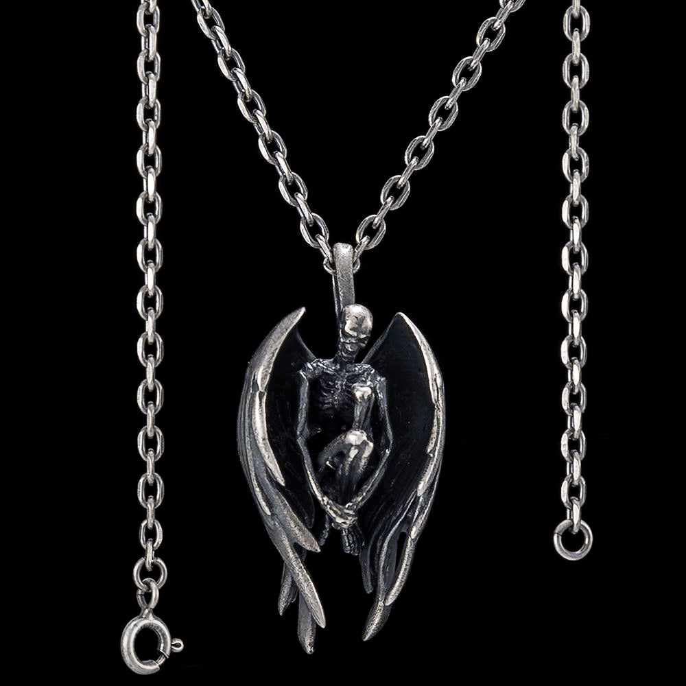 Sterling Silver Gothic Fallen Angel Skeleton Necklace