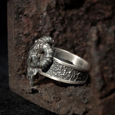 Silver Satan Ram Skull Ring