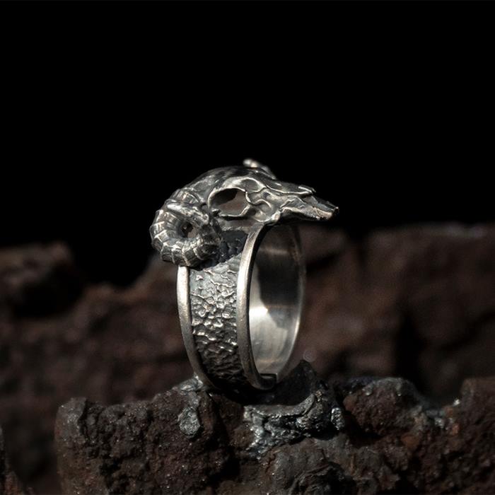 Silver Satan Ram Skull Ring