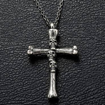 Silver Cross Bone Skull Necklace