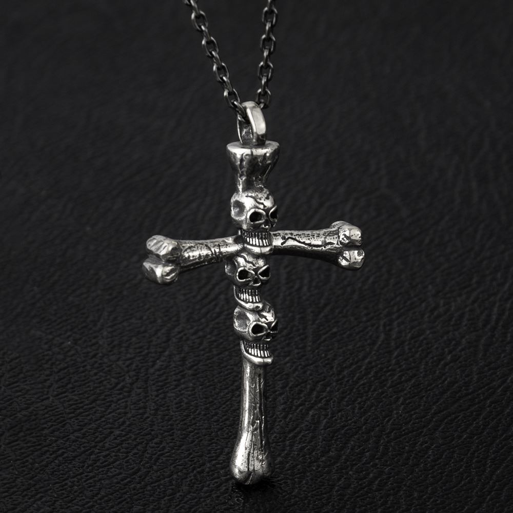 Silver Cross Bone Skull Necklace